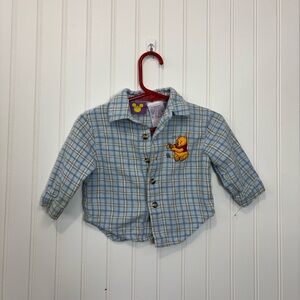 Disney Pooh bear Light Blue Checkered embroidered Kids cotton button up Shirt